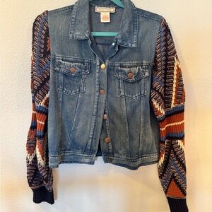 Blue Denim Jacket with Multicolor Knit Sleeves